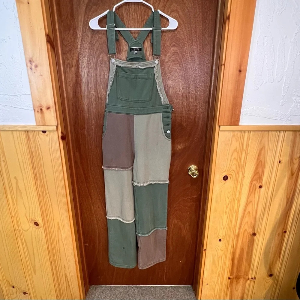 Blue Blush Olive No Time Wasted Patchwork Overalls Sz-S - Picture 2 of 12